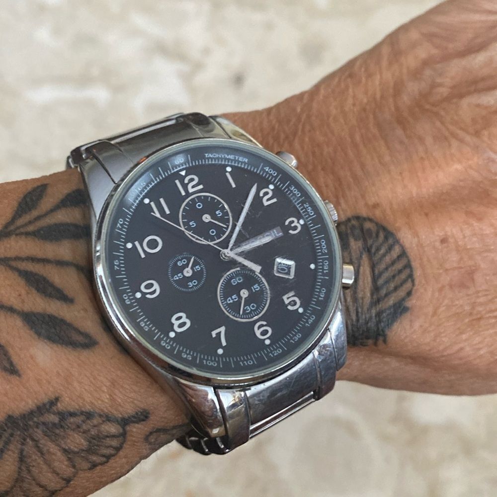 Fossil Arkitekt Chronograph Watch Men 45mm Silver Tone Date 8.25"